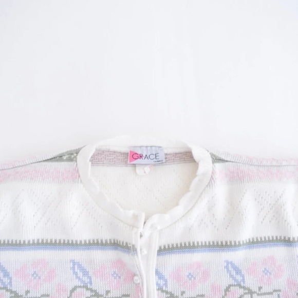Vintage Grace Cream with Pink  Floral Half Button Down Sweater - Picture 12 of 13